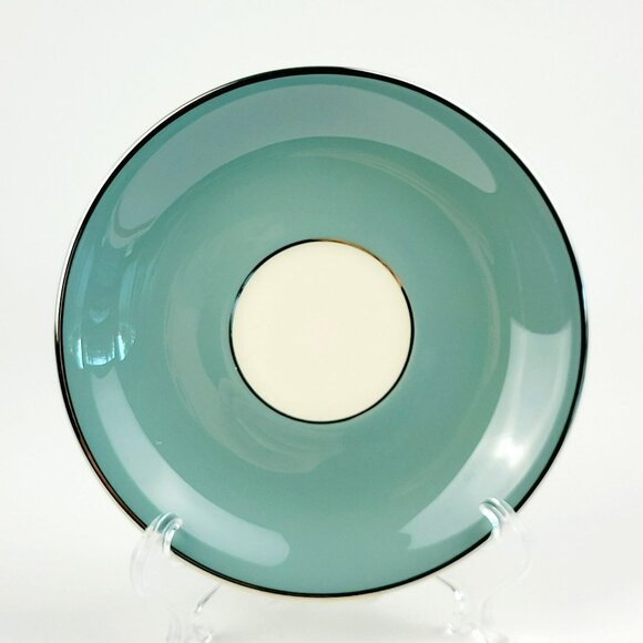 Lenox Kingsley Teacup & Saucer Teal Band Platinum Trim Floral Center c1954-79 - Picture 9 of 14